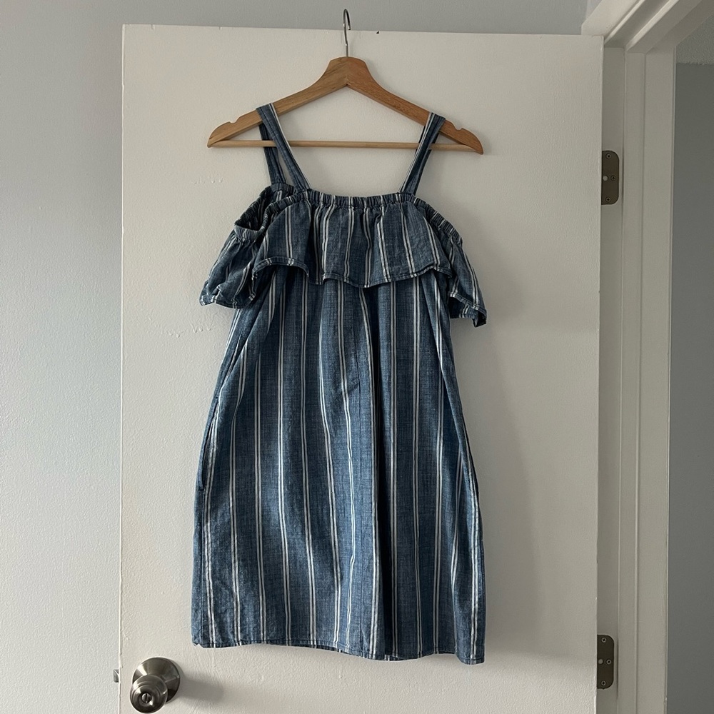 J. Crew Off the Shoulder Ruffle Striped Chambray Dress Small - Picture 6 of 6